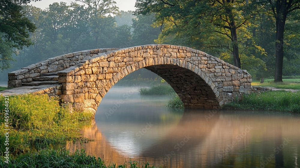 Stone arch bridge over misty stream Stone arch bridge over misty stream