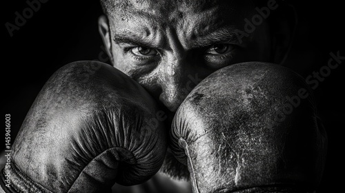 Close-up monochrome portrait of a determined fighter.