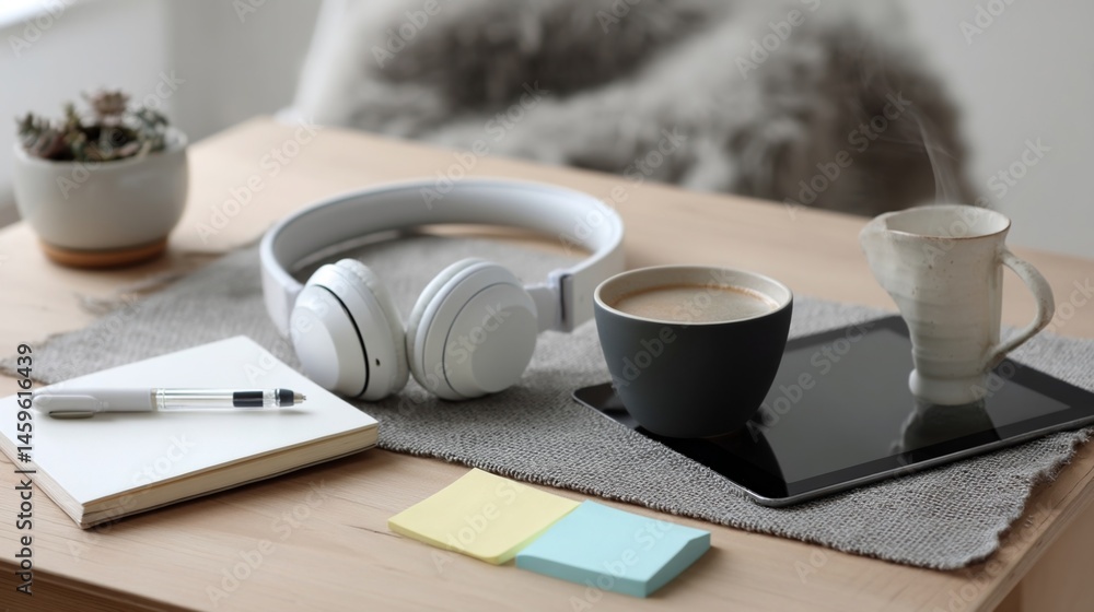 A minimalist workspace on a kitchen table displaying a tablet wireless headphones and a steaming mug of coffee surrounded by a few wellorganized pens and sticky notes.