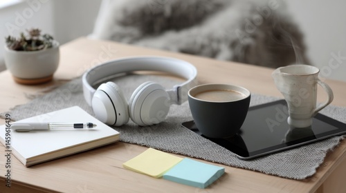 Obraz na płótnie A minimalist workspace on a kitchen table displaying a tablet wireless headphones and a steaming mug of coffee surrounded by a few wellorganized pens and sticky notes. w salonie