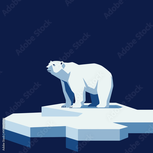 Polar bear standing on ice against a dark blue background  