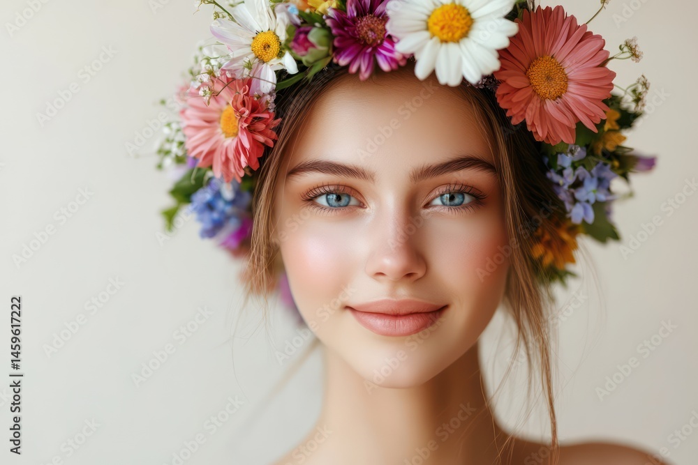 Smiling child girl with bright floral crown Smiling child girl with bright floral crown
