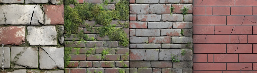 Close-up view of various textures in aged brickwork. Close-up view of various textures in aged brickwork.