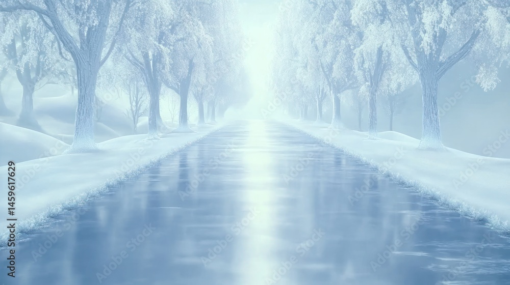 Naklejka premium Frozen River Pathway: A Serene Winter Wonderland