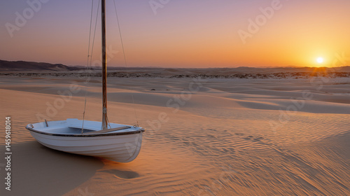 A serene sailboat on golden sand dunes at sunset