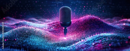 Podcast or interview room with two chairs and microphones on dark background,