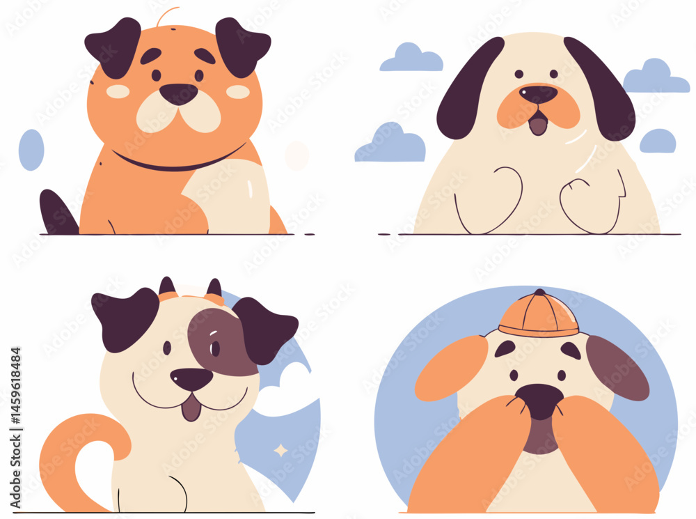 Fototapeta premium Cute Cartoon Dogs Watercolor Clipart Set – Funny Doodle Pet Characters in Hats for Kids & Animal-Themed Designs