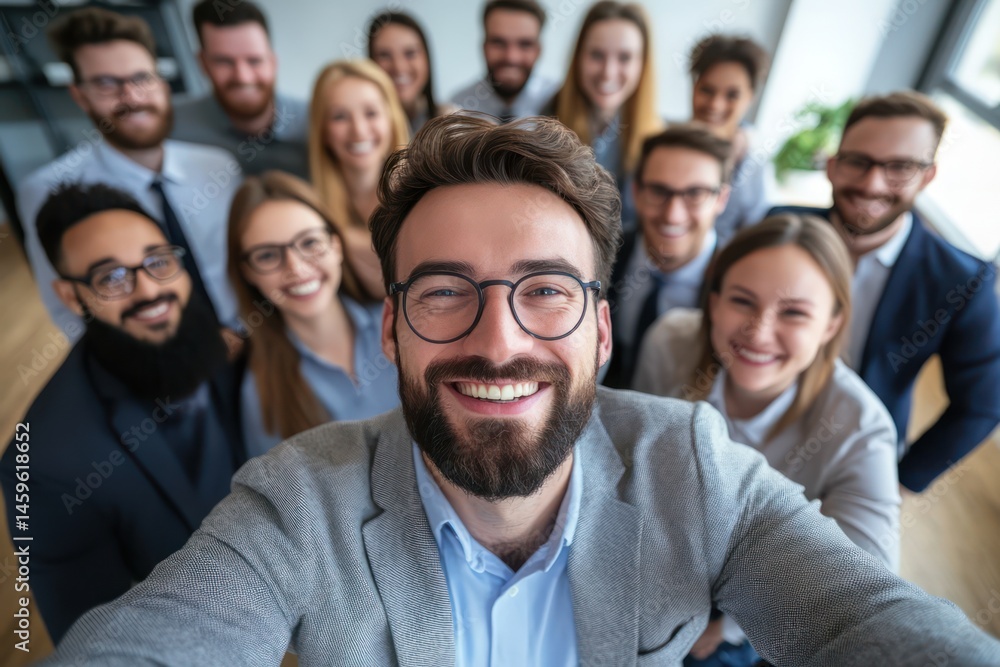Smiling Businessman Taking Selfie with Team at Office Smiling Businessman Taking Selfie with Team at Office