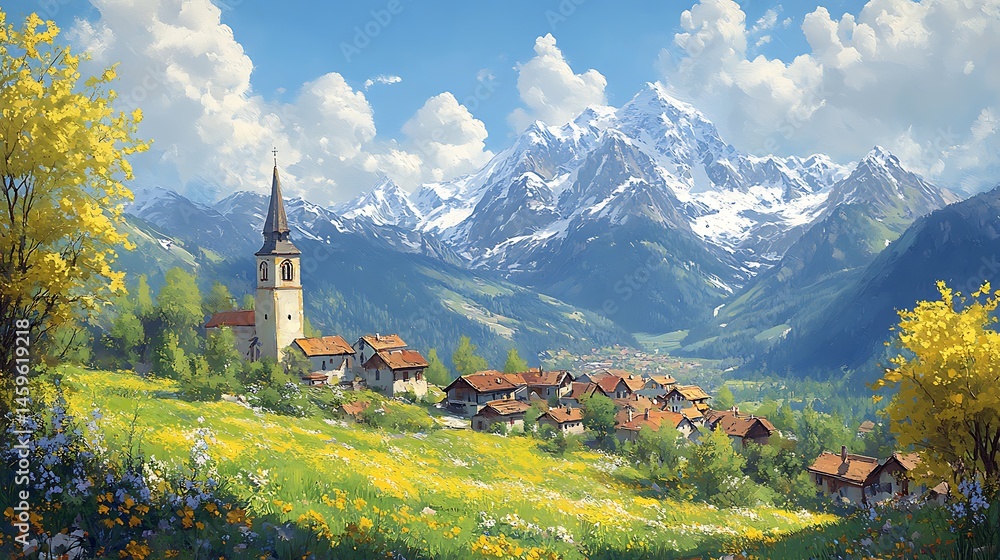 Fototapeta premium Idyllic mountain town with lush greenery view high resolution picture