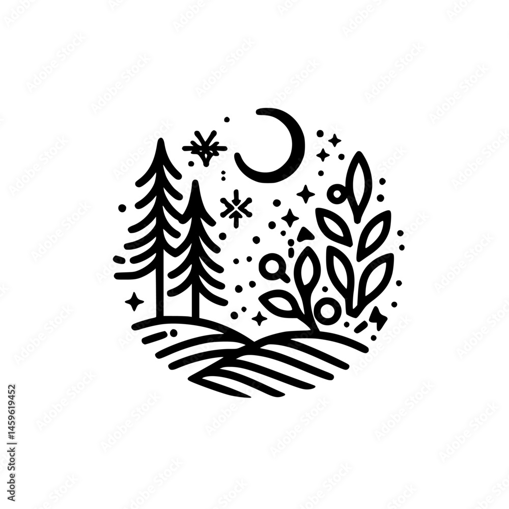 Obraz premium Minimalist Nightscape Circle Illustration, Nature & Stars, Monoline Style