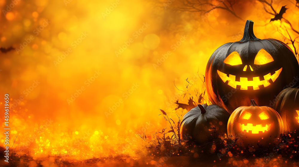 Fototapeta premium Glowing Halloween Jack-O'-Lanterns in a Bright and Festive Autumn Scene