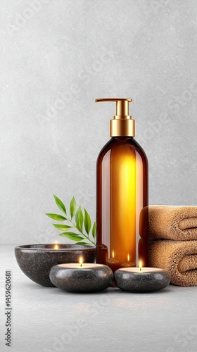 Hair care Elegant hair oil and smooth hair strands in pump bottle beside calm spa candles and towel, mock-up scene.