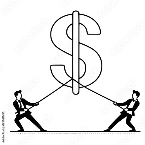 Businessmen pulling dollar symbol with ropes in competition, single line contour vector
