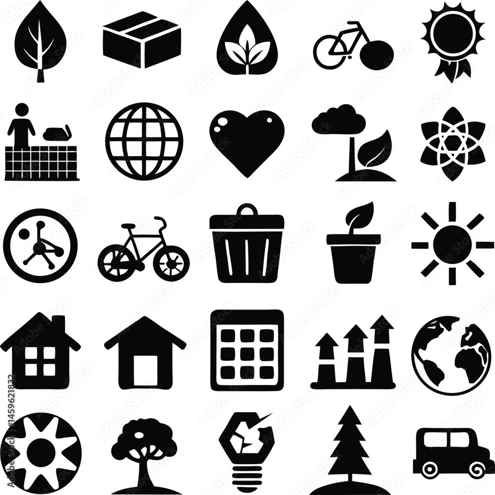 Fototapeta premium Vector ecology icons set with nature, recycling, tree, and hand symbols in black silhouette design