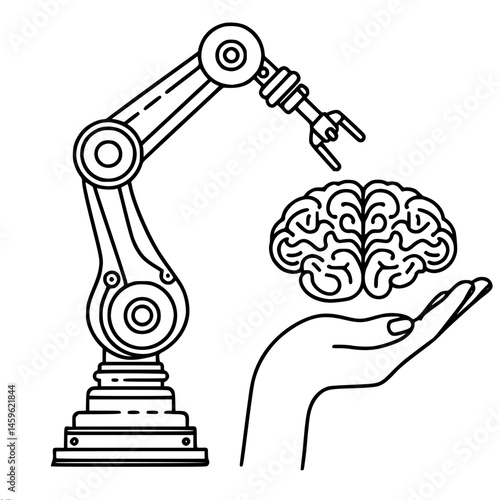 Robotic arm presenting brain in human hand in minimalist style  , single line outline vector
