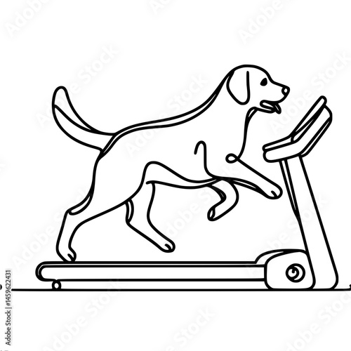 Dog running on treadmill in minimalist line art style, single line outline vector  