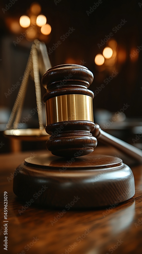 Gavel rests on a wooden surface. Scales of justice blurred in background Gavel rests on a wooden surface. Scales of justice blurred in background