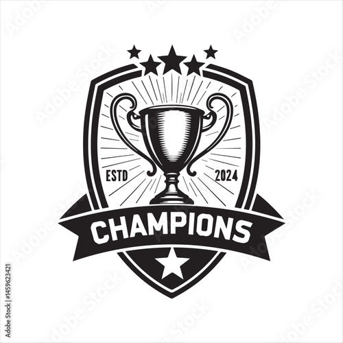 Champions Trophy Badge Logo Design,Vintage Champion Cup Emblem Template,Trophy Shield Vector for Winners,Sports Champion Logo with Trophy,Retro Trophy Design for Championship