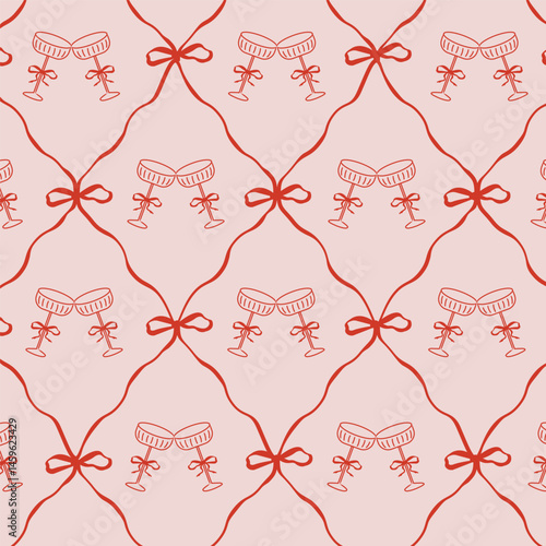 Christmas champagne glass seamless pattern with ribbons. Coquette repeat background with bow knots Vintage holiday Background for wrapping, greeting cards, textile designs and decor.