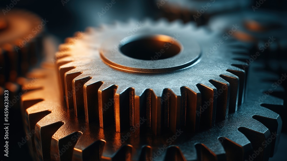 Close-up of interlocking gears with metallic sheen, precision mechanics in motion, symbolizing industrial efficiency and intricate engineering. Close-up of interlocking gears with metallic sheen, precision mechanics in motion, symbolizing industrial efficiency and intricate engineering.
