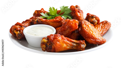 A detailed image of a plate of buffalo wings with ranch dipping sauce, isolated on white background
