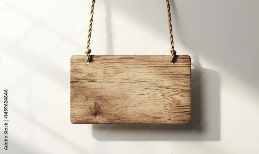 Rustic wooden sign hangs from light beige wall. Natural light casts shadows Rustic wooden sign hangs from light beige wall. Natural light casts shadows