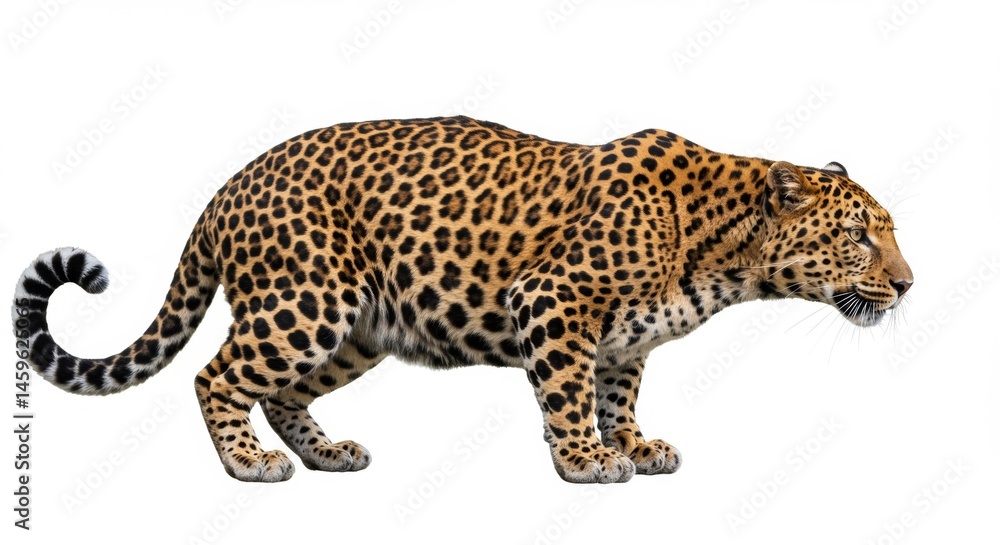 Fototapeta premium Majestic Leopard Prowling Isolated on White Background Showing Spots, Powerful Build and Intense Gaze for Wildlife and Conservation Projects and Designs