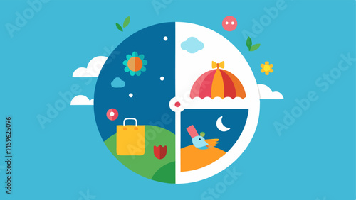 Planetary Clock A clock where one half shows natures cycles with flowers and animals while the other half is filled with an array of colorful shopping items and bags.