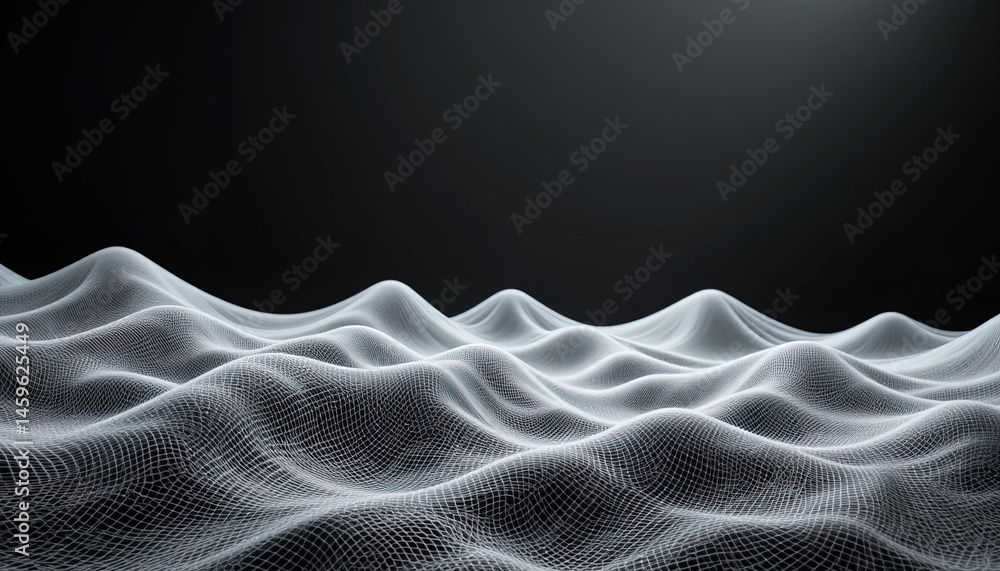 Fototapeta premium Abstract digital landscape of interconnected points in grayscale.