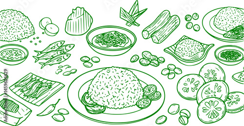 Vector green Malaysian food Nasi Lemak outlines single colour horizontal border pattern. Perfect for menu and poster design.
