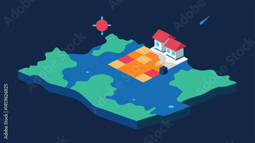 Flood Mapping Visualize an AI model generating flood risk maps using satellite data with colorcoded zones to indicate risk levels overlaid on a satellite image.