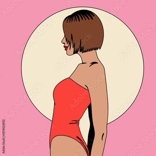 Radiant Woman With Short Hair and Sun in the Background