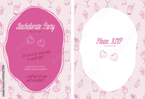 Bachelorette party invitation card in whimsical girly style with quirky illustrations of coctails, strawerry, ice cream, sea star on pink background. Printable temlate design.