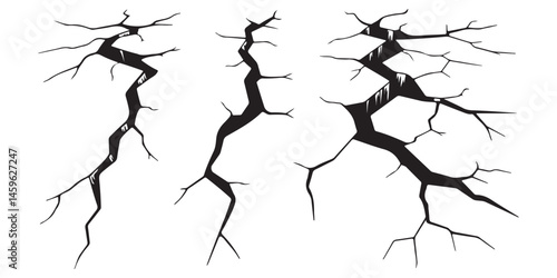 Ground cracks, fractures on land surface, earthquake breaks in perspective view. Vector of fissure in ground, crevices from disaster or drought isolated on white background