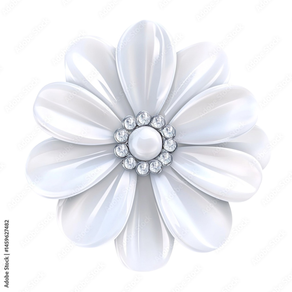 Elegant white flower brooch adorned with a pearl and diamonds a beautiful accessory