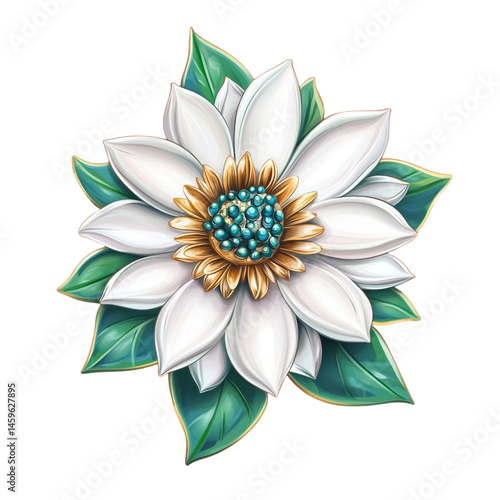 Elegant white flower design with gold and teal accents beautiful floral artwork nature inspired art