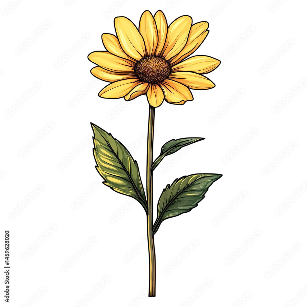 A single yellow sunflower with green leaves on a black background a botanical illustration