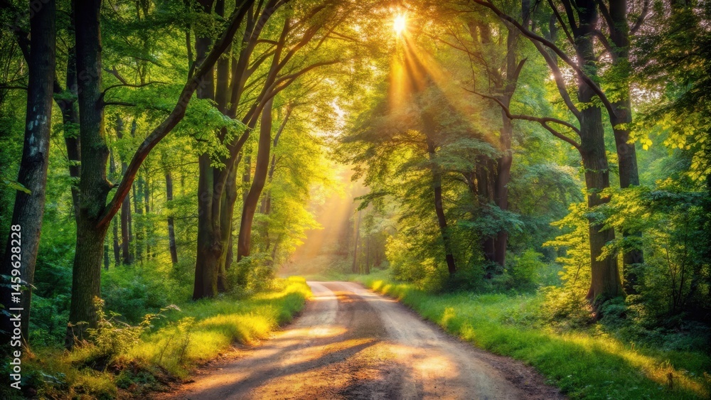 Fototapeta premium Golden Sunlight Illuminates a Serene Forest Path, Casting Magical Rays Through Lush Green Canopies