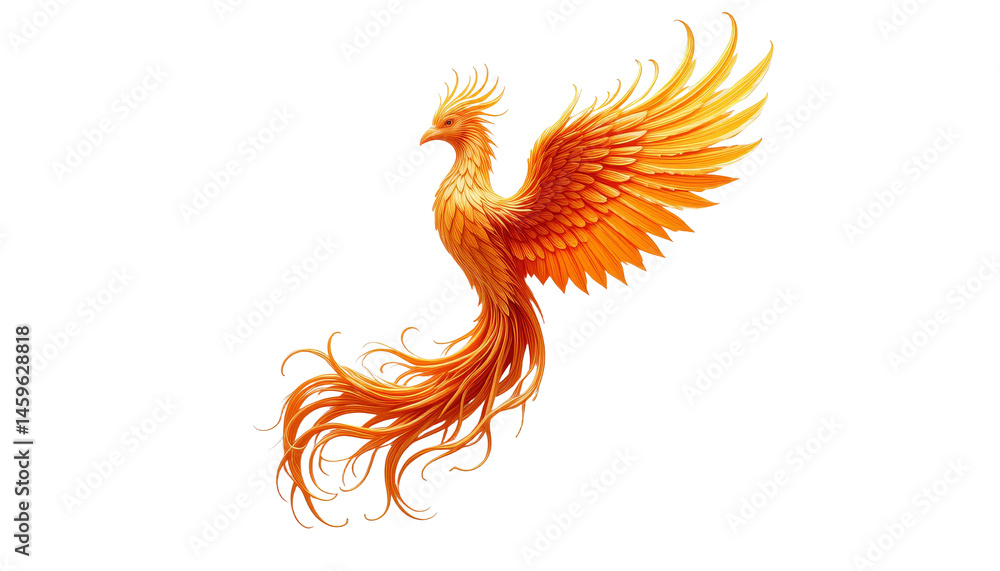 Fototapeta premium Phoenix Firebird. Elegant Orange Bird Rising on White Background Art