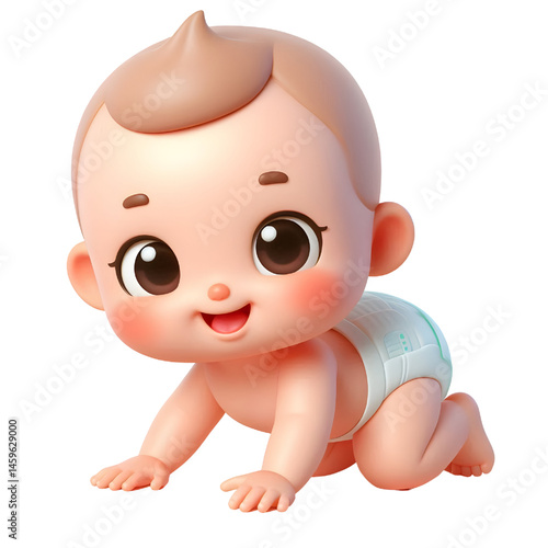 Cute baby character wearing diaper and crawling 3d with smiling face isolated on white background