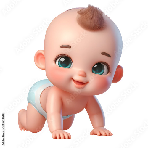 Cute baby character wearing diaper and crawling 3d with smiling face isolated on white background
