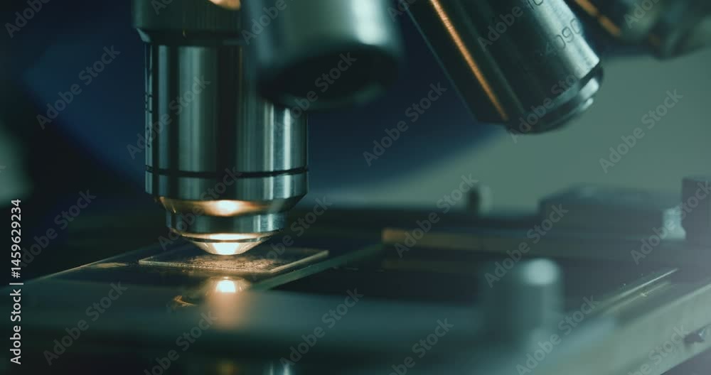 Close-up of biologist gloved hands using microscope in sterile laboratory. Vibrant blue gloves highlight precise scientific work against monochromatic lab backdrop Close-up of biologist gloved hands using microscope in sterile laboratory. Vibrant blue gloves highlight precise scientific work against monochromatic lab backdrop