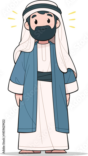 A cartoon illustration of a man in traditional Middle Eastern attire, radiating a peaceful and gentle demeanor.