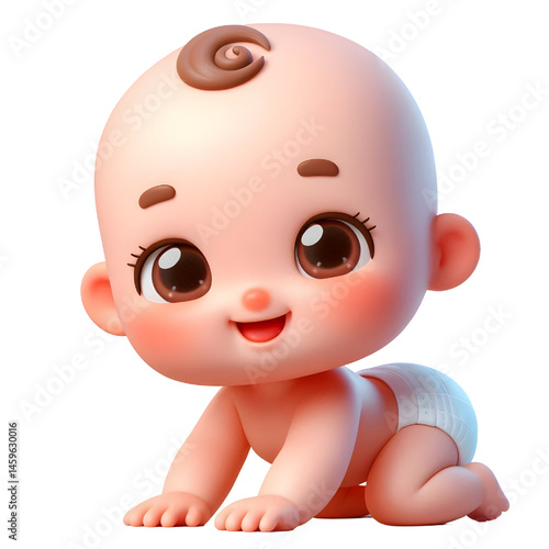Cute baby character wearing diaper and crawling 3d with smiling face isolated on white background