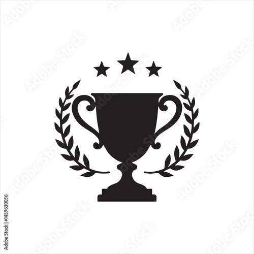 Trophy Icon with Laurel Wreath and Stars,Award Cup Symbol with Laurel Branches,Champion Trophy with Laurel and Stars,Victory Trophy Emblem in Black Silhouette,Laurel Wreath with Cup and Star Icons