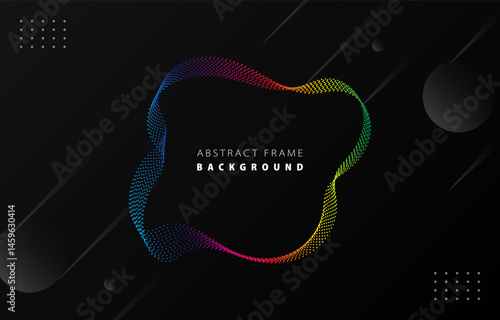 Futuristic spectrum rainbow gradient dot wave frame vector black Memphis background, dotted colorful rotate line border digital dynamic elegant wavy flow spin round technology web poster card template