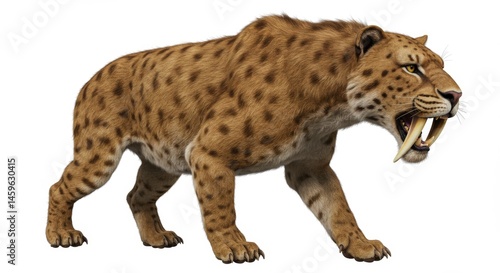 Majestic Saber-Toothed Tiger Prowling with Large Fangs on White Background, Prehistoric Predator with Detailed Fur and Muscular Build, Wildlife Illustration