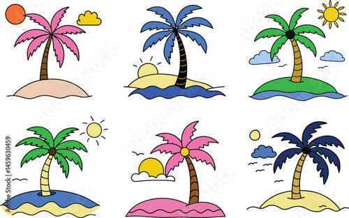  Set of palm trees drawing vector illustration on white background.