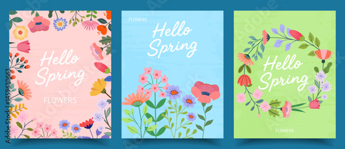 Set of spring colorful flowers vector poster templates, spring editable greeting card templates, spring event posters for mother's day, ads, flyers, invitations, discount coupons, social media