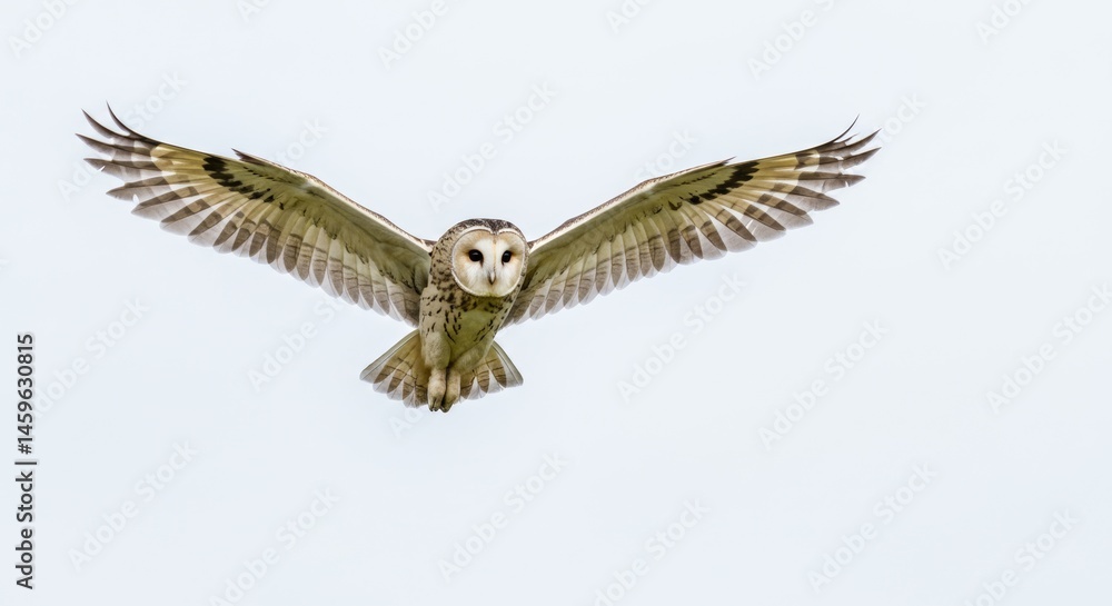 Naklejka premium Majestic Short-eared Owl in Flight with Wings Fully Extended Against a Bright Sky, Showcasing its Distinctive Facial Disk and Beautiful Feather Pattern for Wildlife and Birding Enthusiasts